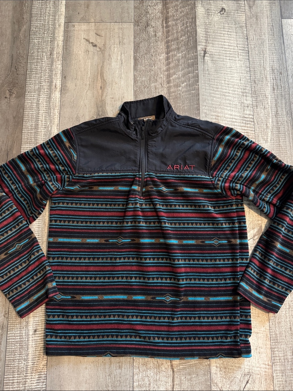 Ariat Men’s Black Pullover with Teal & Rust Stripe Pattern-size Medium